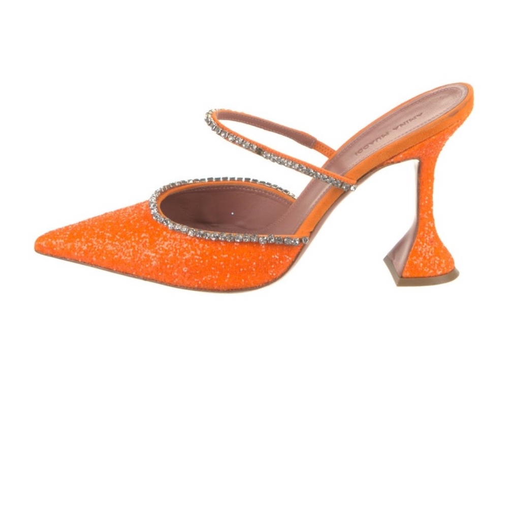 Amina Muaddi Vibrant Orange Heels with Crystal Accents